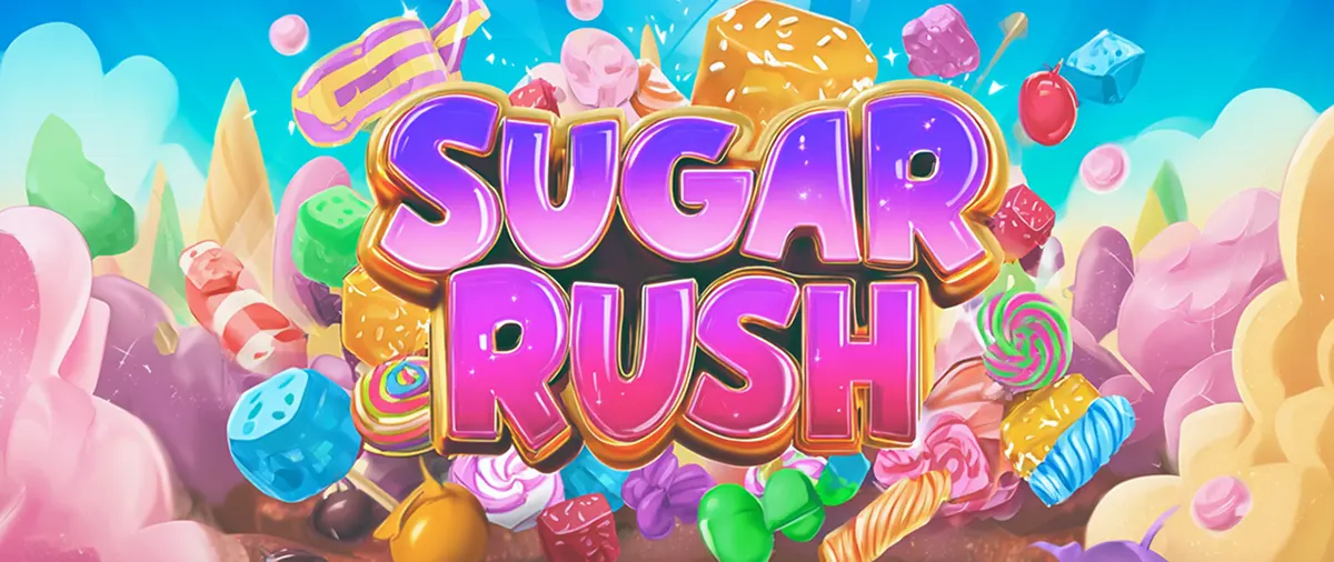 “Sugar Rush slot game logo displayed in bright, glossy pink and gold lettering surrounded by colorful candy and dessert elements on a vibrant pastel background.”