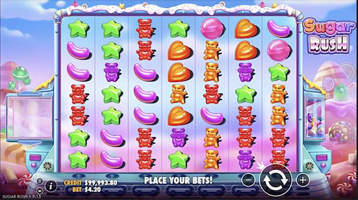 “Sugar Rush slot game interface showing a 7x7 grid of colorful candy symbols and gummy bears on pastel reels, with the ‘Place Your Bets’ prompt and spin controls visible at the bottom.”